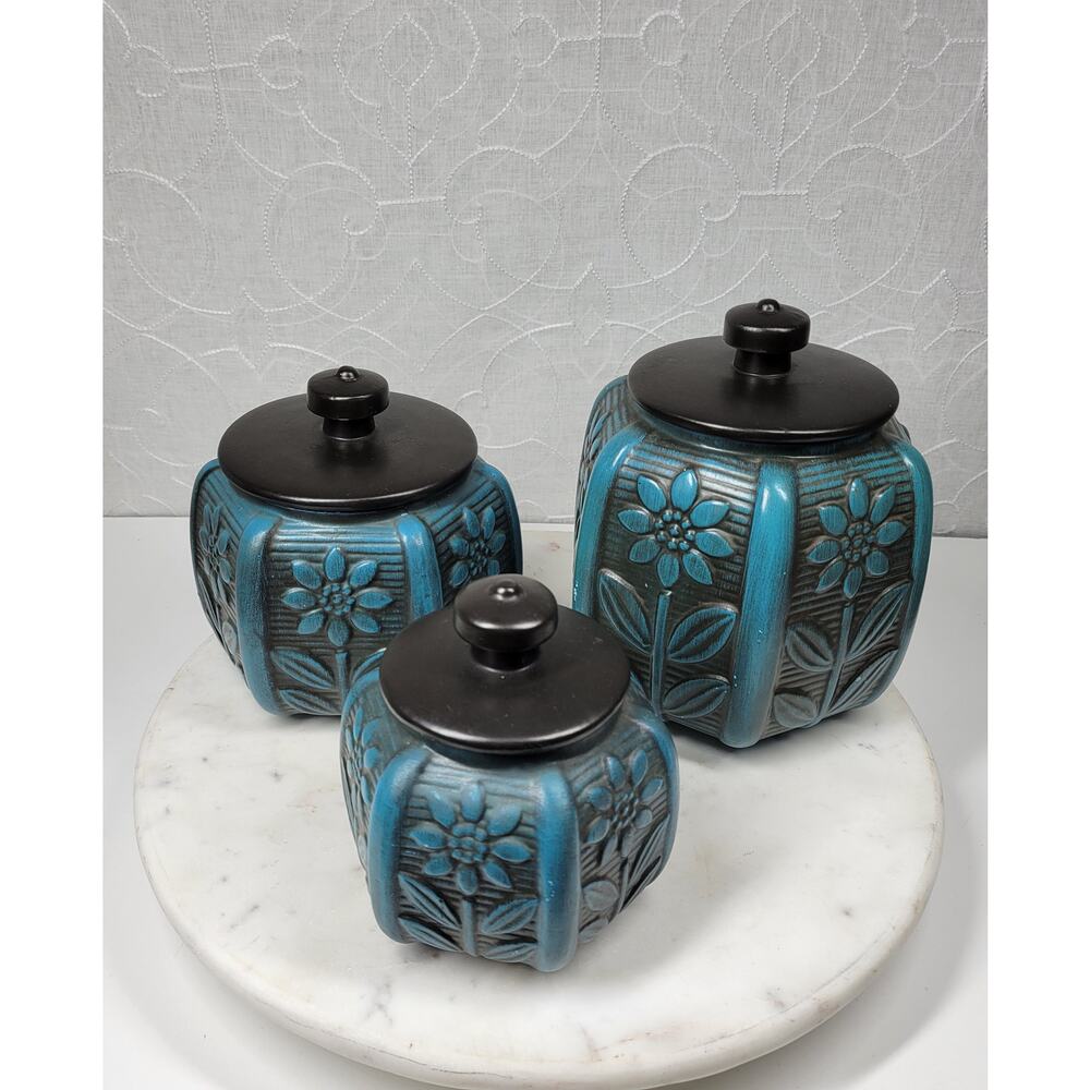 Vintage Haeger Ceramic Canisters Blue Black Daisy Lids Ivory Glaze 1960s USA